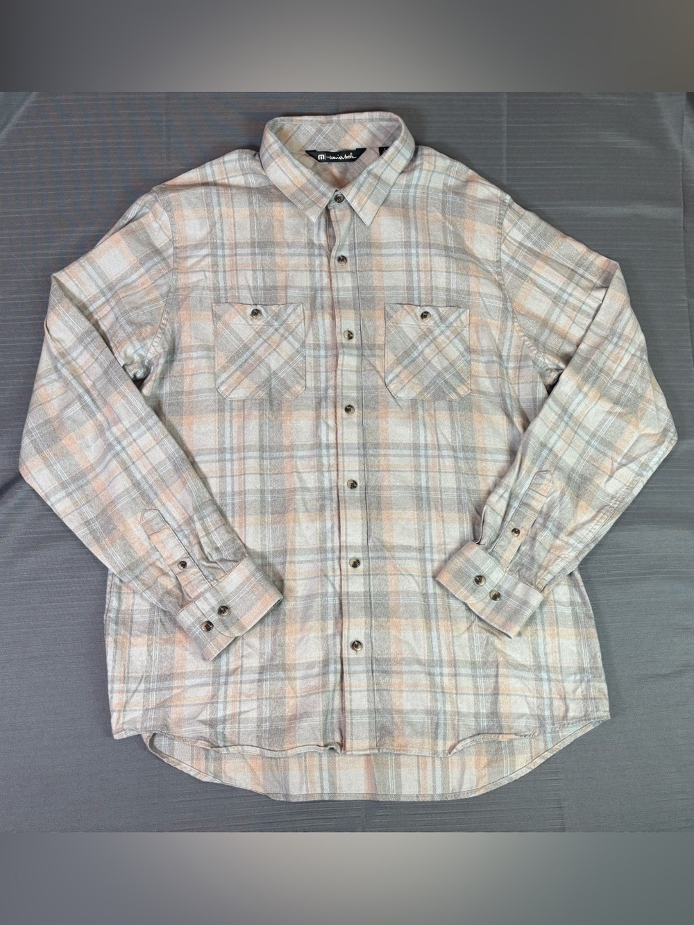 TravisMathew Plaid Flannel Shirt Large Grey Beige Peach Cotton Rayon Button Up